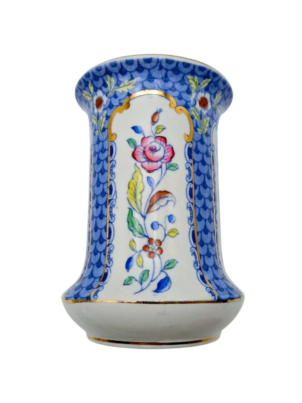 Burleigh Ware Lucerne Vase c1930 Floral Gilt Blue White Porcelain 5"